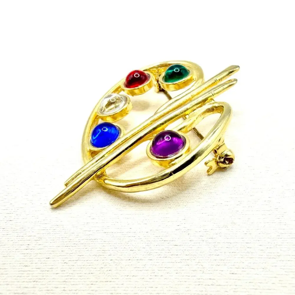 Vintage MJENT VTG Jeweled Gold Tone Artist's Paint Brush Palette Pin Brooch